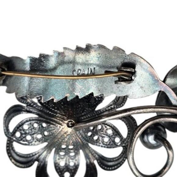 Green Cabochon Floral Vintage Filigree Spanish Brooch - Picture 5 of 9